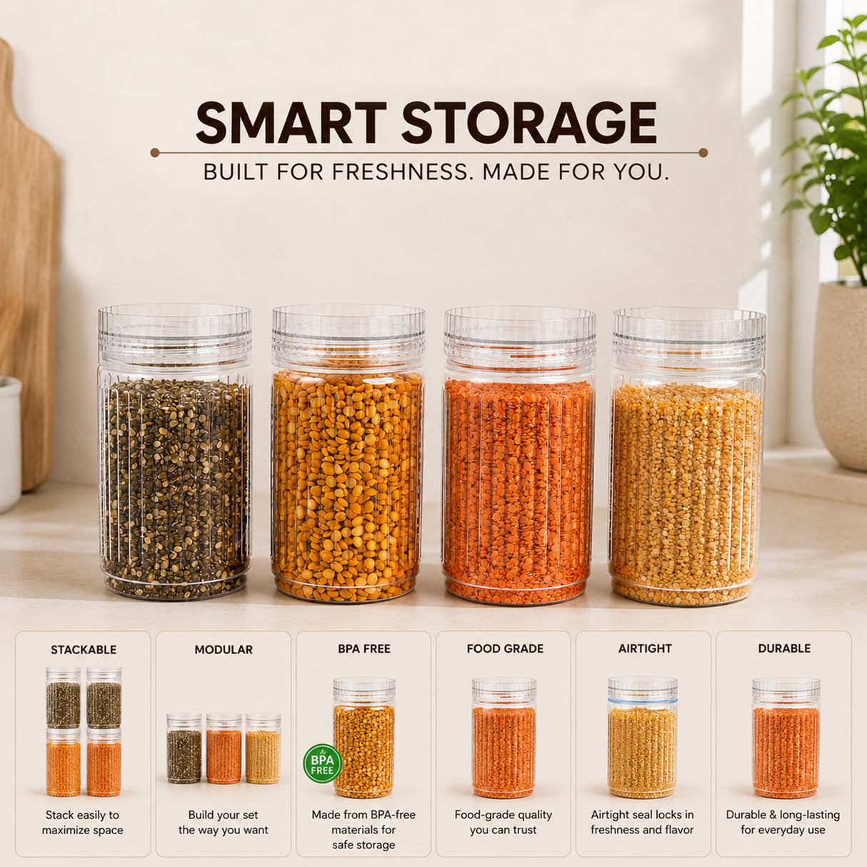 Prism Jar 800ml 4pcs Set | Stackable Kitchen Storage Jars