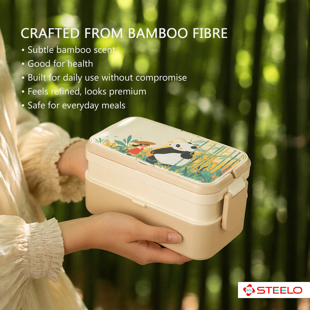 2 in 1 Bamboo Bento Lunch Box | Eco-Friendly Tiffin Box with Cutlery