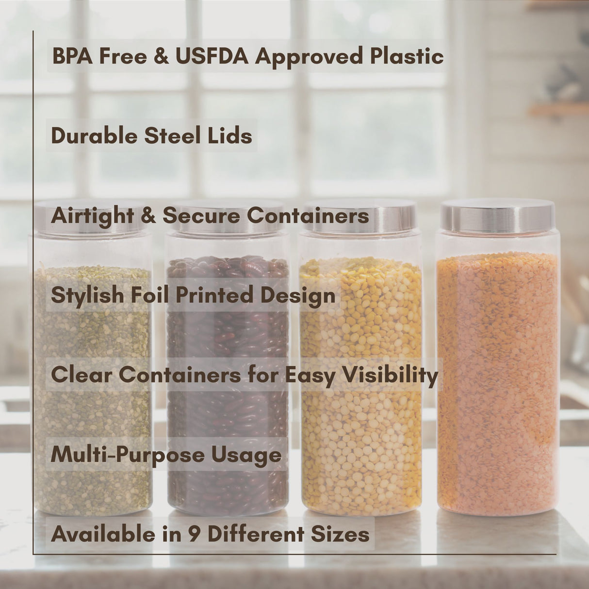 Homely Container 1500ml Long 4pcs Set | Stainless Steel Lids | Storage Jars