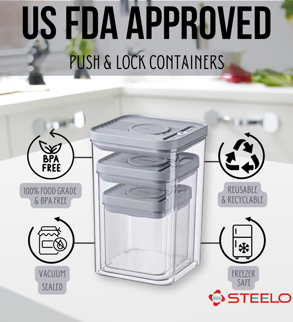 Push & Lock Container 3pcs Set | One-Push Storage Jars