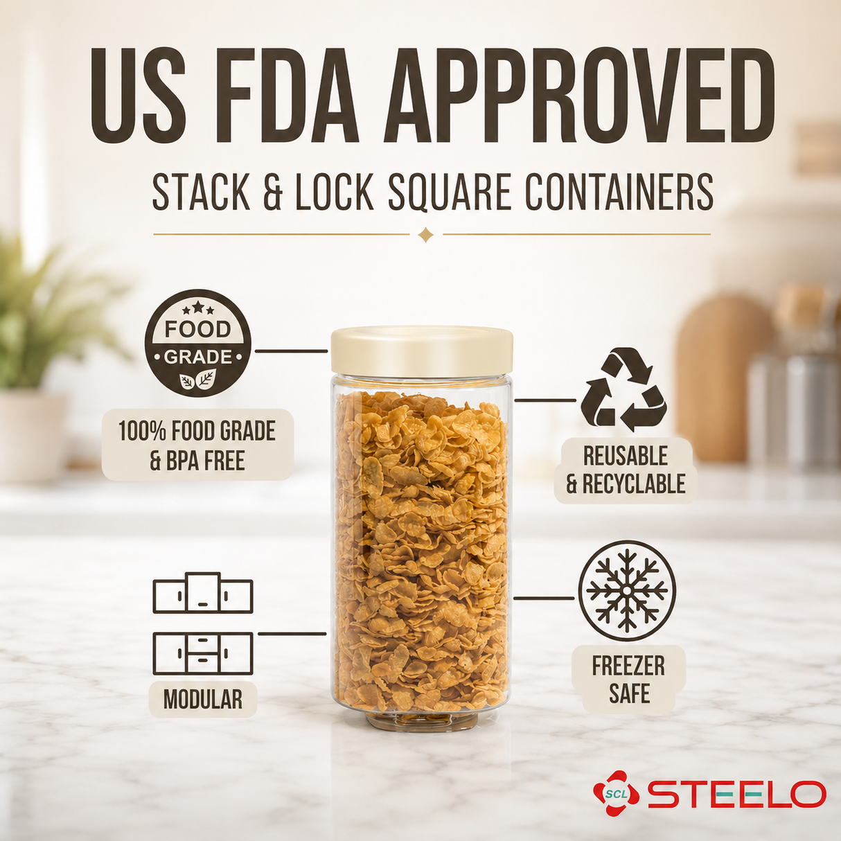 Stack & Lock Square Container 1250ml 4pcs Set | Stackable Storage Jars