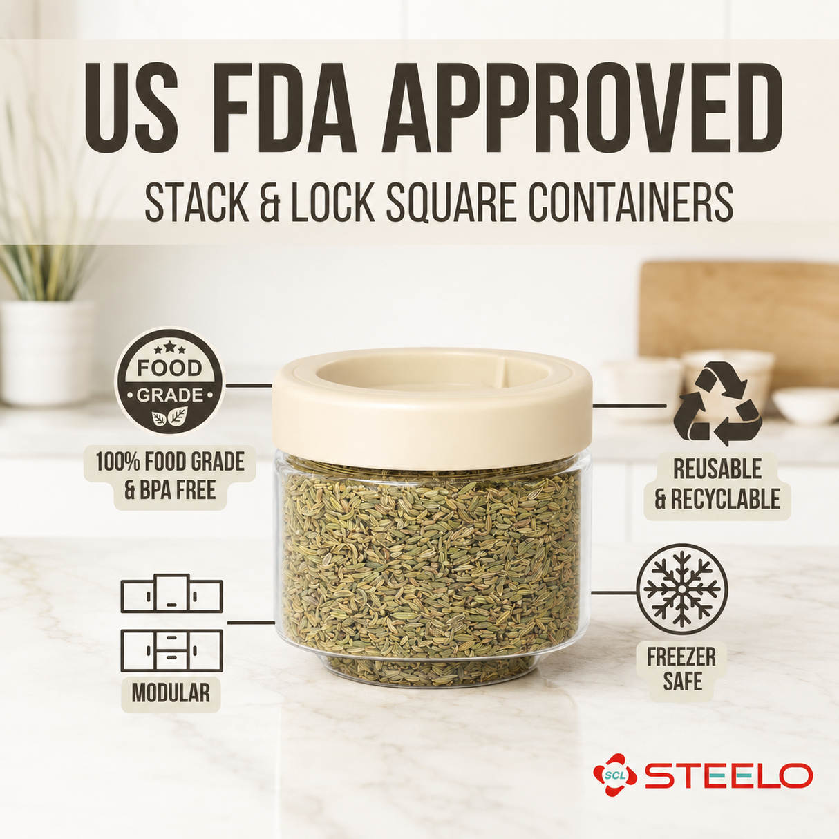 Stack & Lock Square Container 450ml 6pcs Set | Stackable Storage Jars