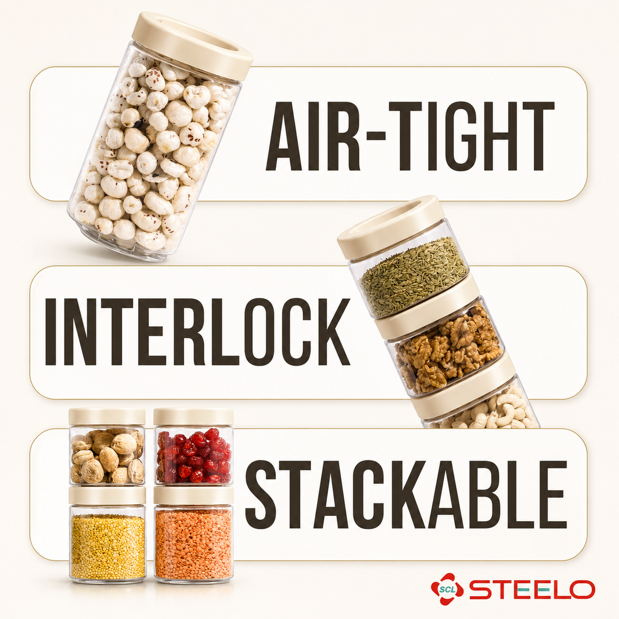 Stack & Lock Square Container 600ml 4pcs Set | Stackable Storage Jars