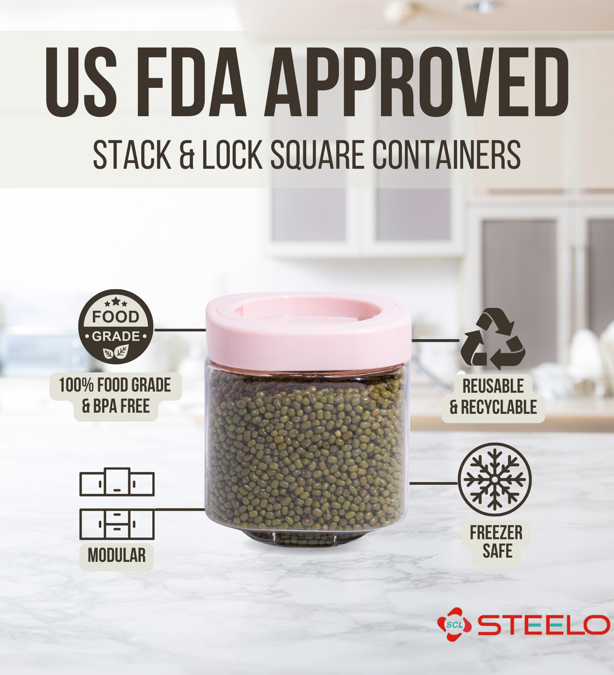 Stack & Lock Square Container 600ml 4pcs Set | Stackable Storage Jars