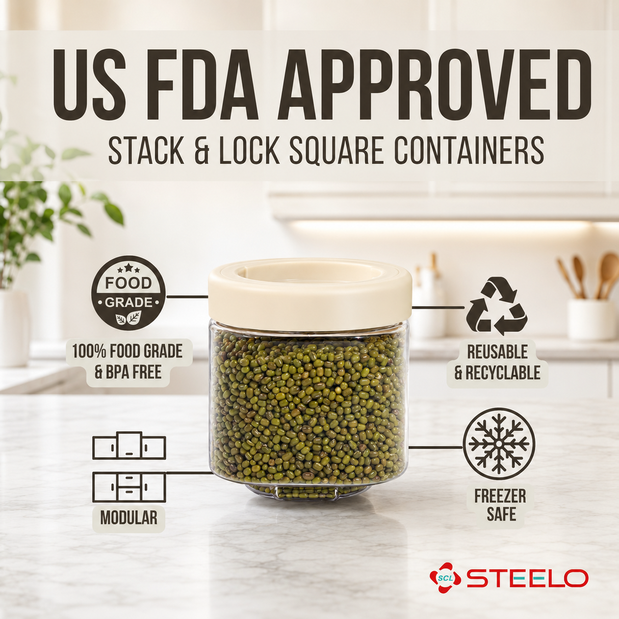 Stack & Lock Square Container 600ml 4pcs Set | Stackable Storage Jars