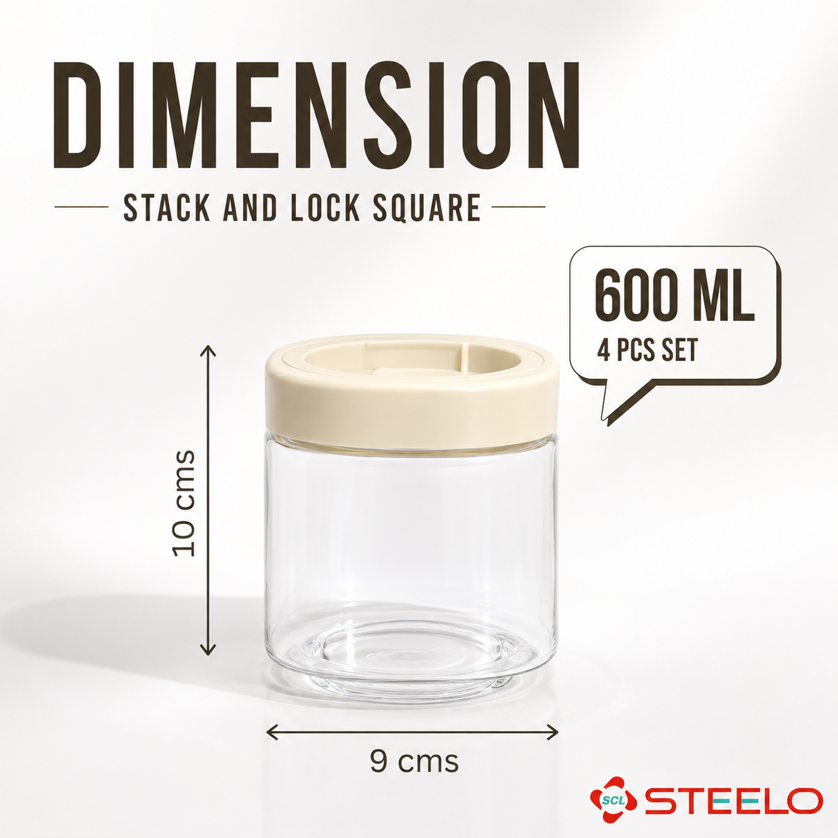 Stack & Lock Square Container 600ml 4pcs Set | Stackable Storage Jars