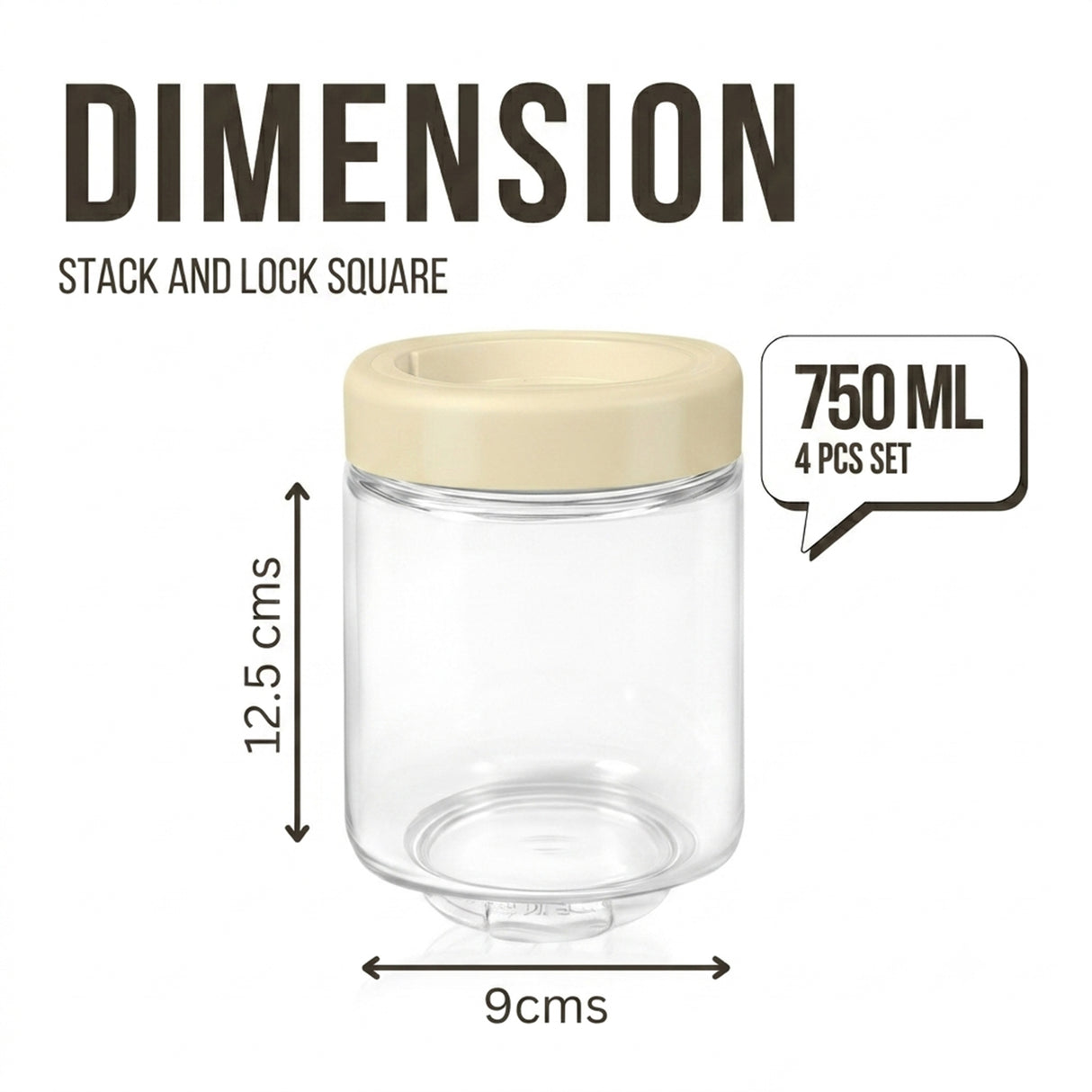 Stack & Lock Square Container 750ml 4pcs Set | Stackable Storage Jars