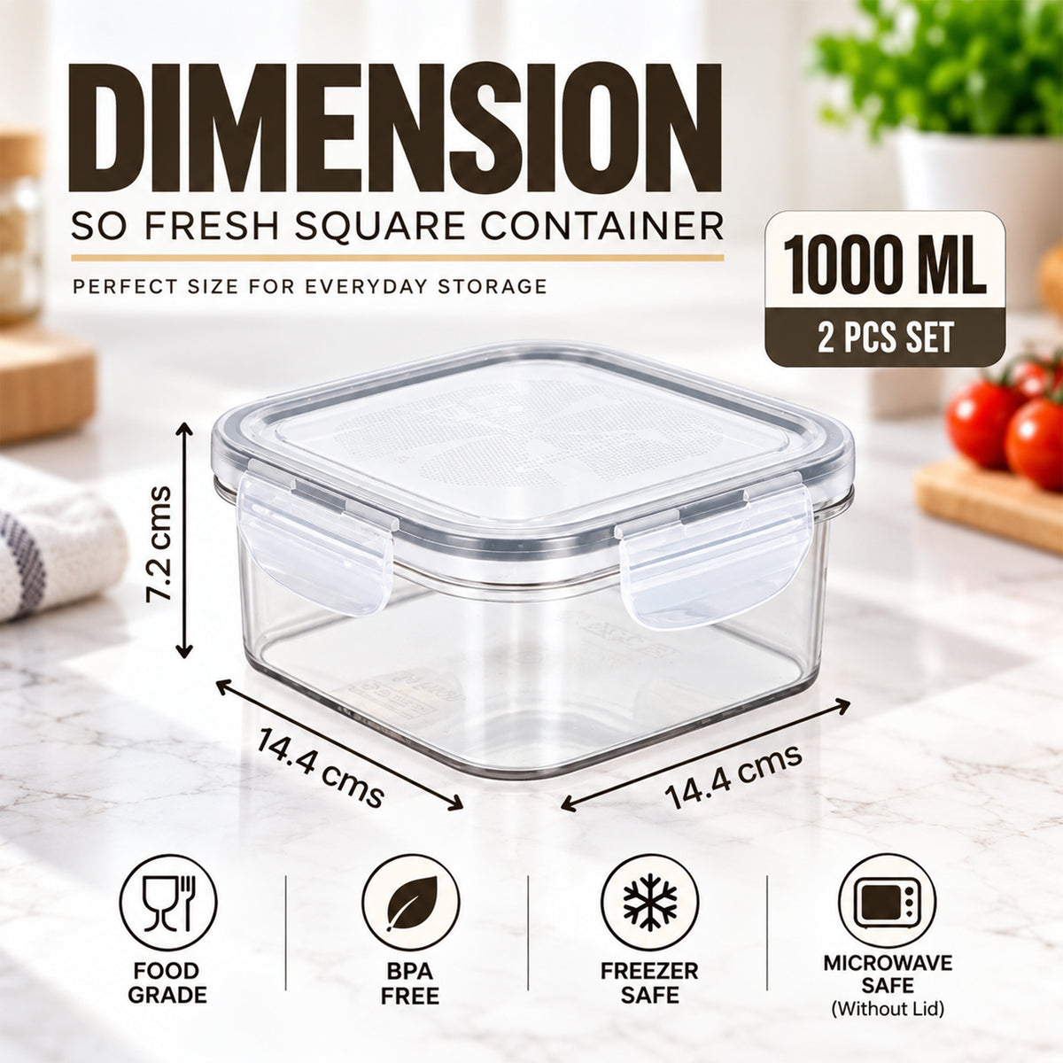 SoFresh Square Container 1000ml 2pcs Set | Airtight Food Containers