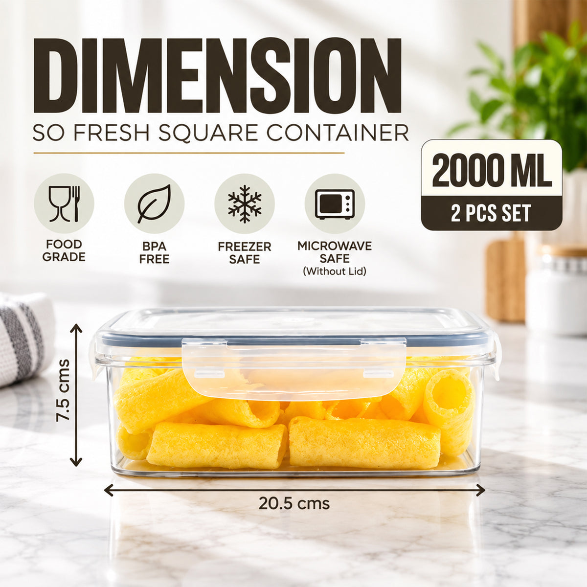 SoFresh Square Container 2000ml 2pcs Set | Airtight Food Containers