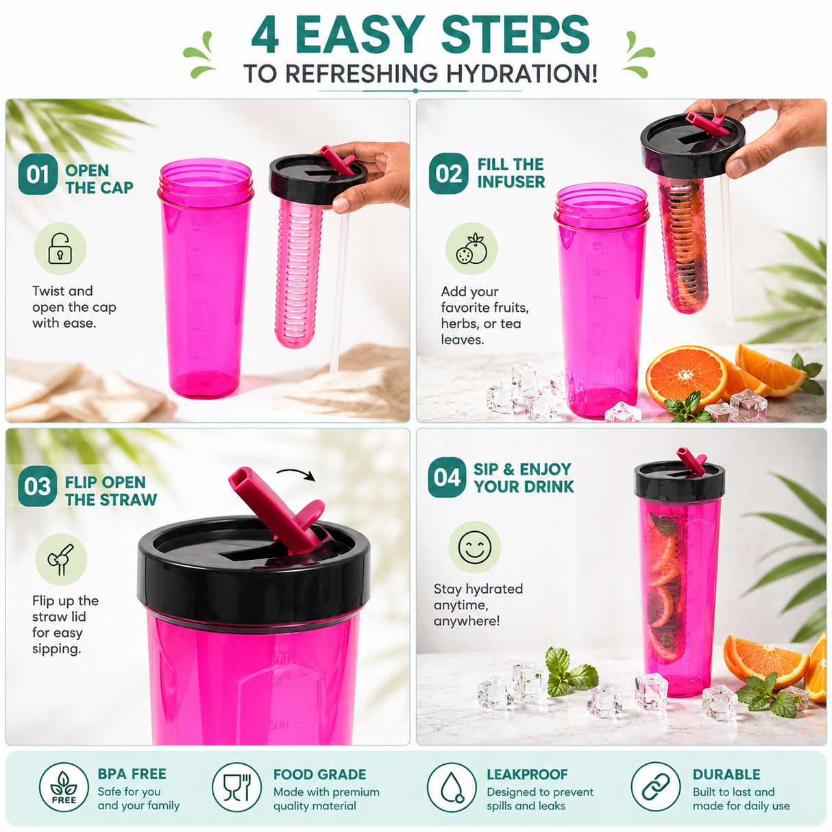 Sipper Infuser Bottle 700ml 2pcs Set | Fruit Infuser Sipper Bottle