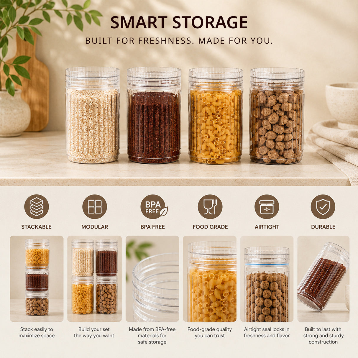 Prism Jar 1250ml 4pcs Set | Stackable Kitchen Storage Jars