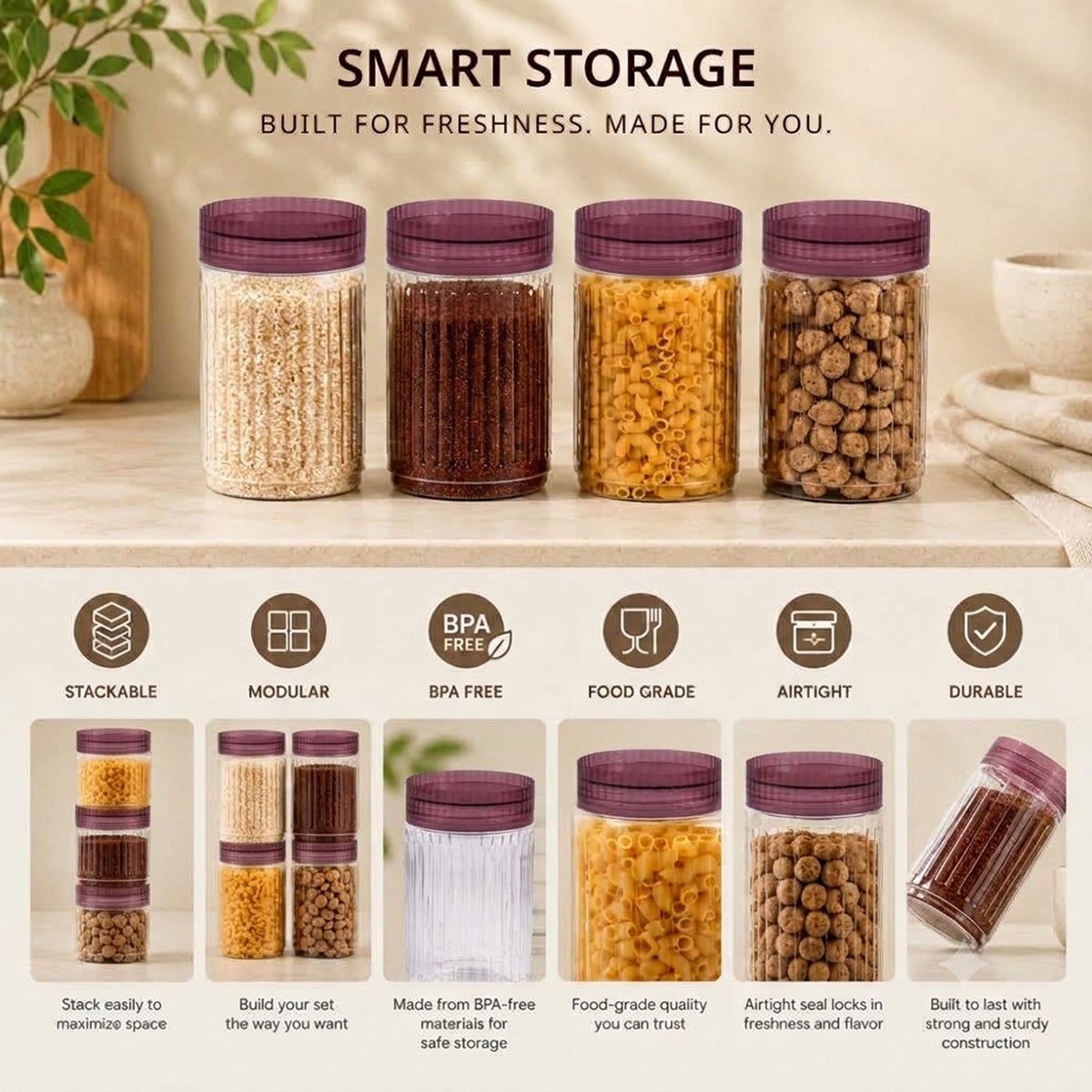 Prism Jar 1250ml 4pcs Set | Stackable Storage Containers | Wine Cap