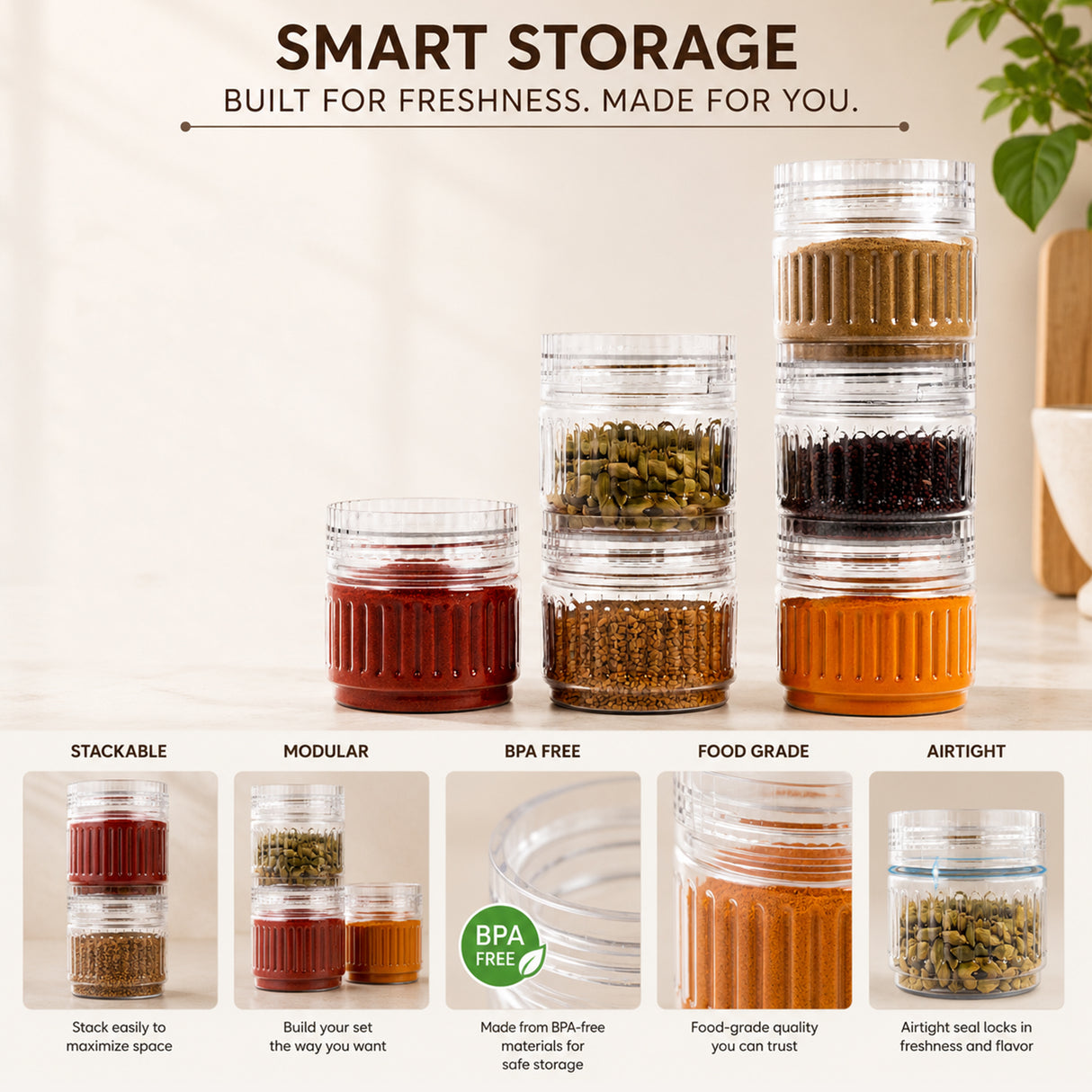 Prism Jar 350ml 6pcs Set | Stackable Kitchen Storage Jars
