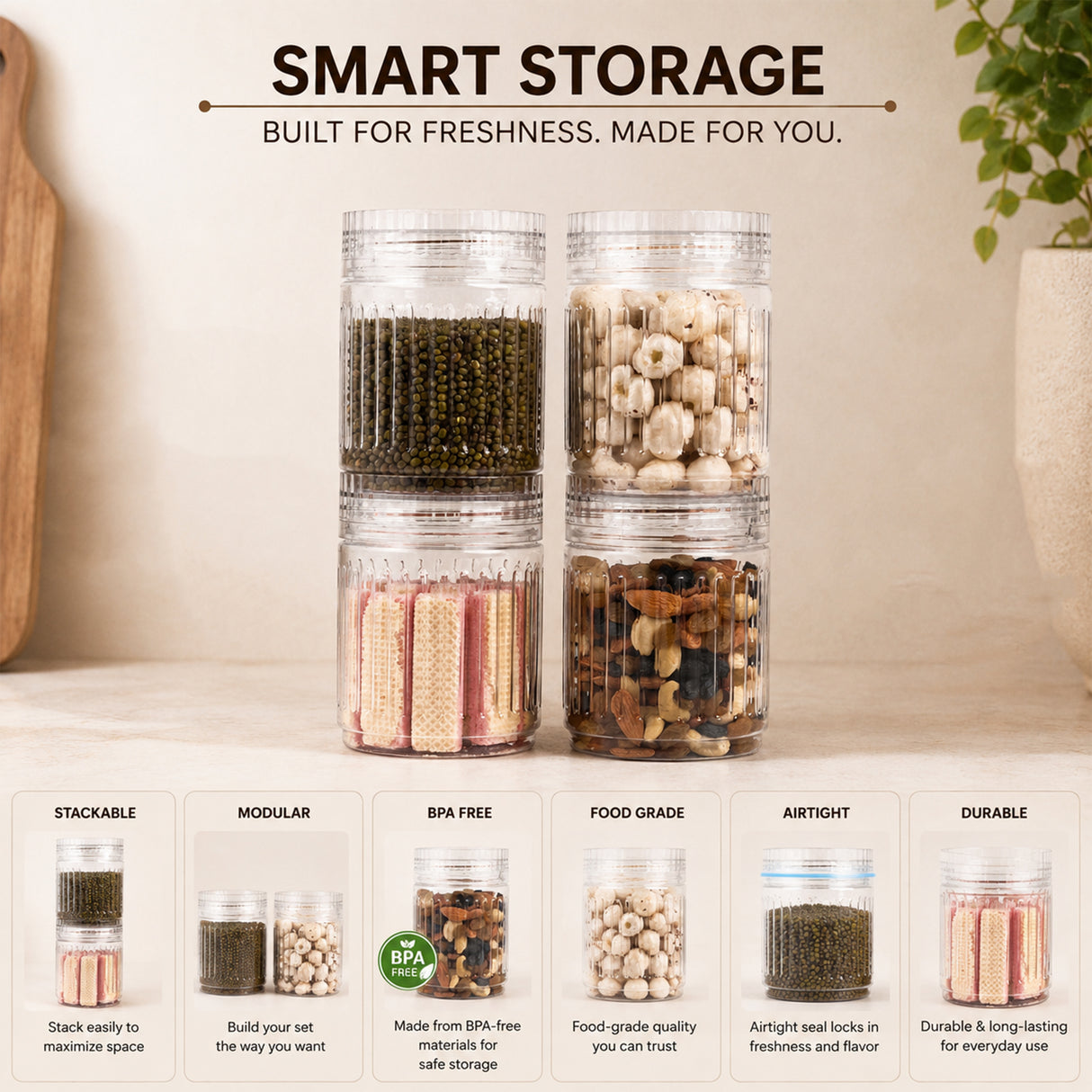 Prism Jar 550ml 4pcs Set | Stackable Kitchen Storage Jars