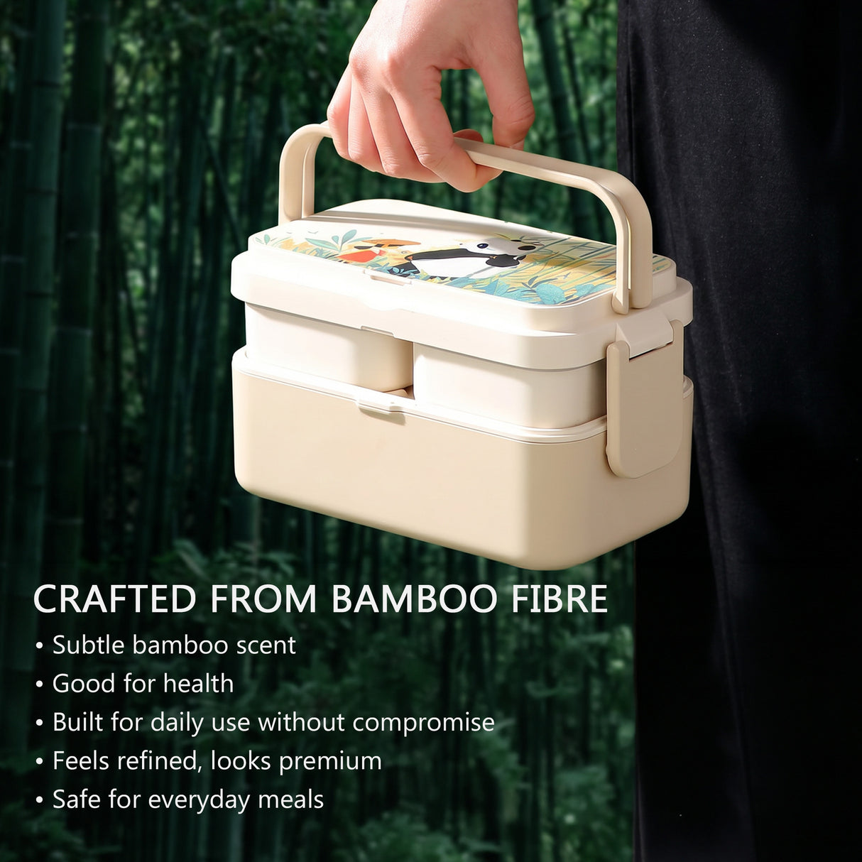 3 in 1 Bamboo Bento Lunch Box | Eco-Friendly Tiffin Box with Cutlery