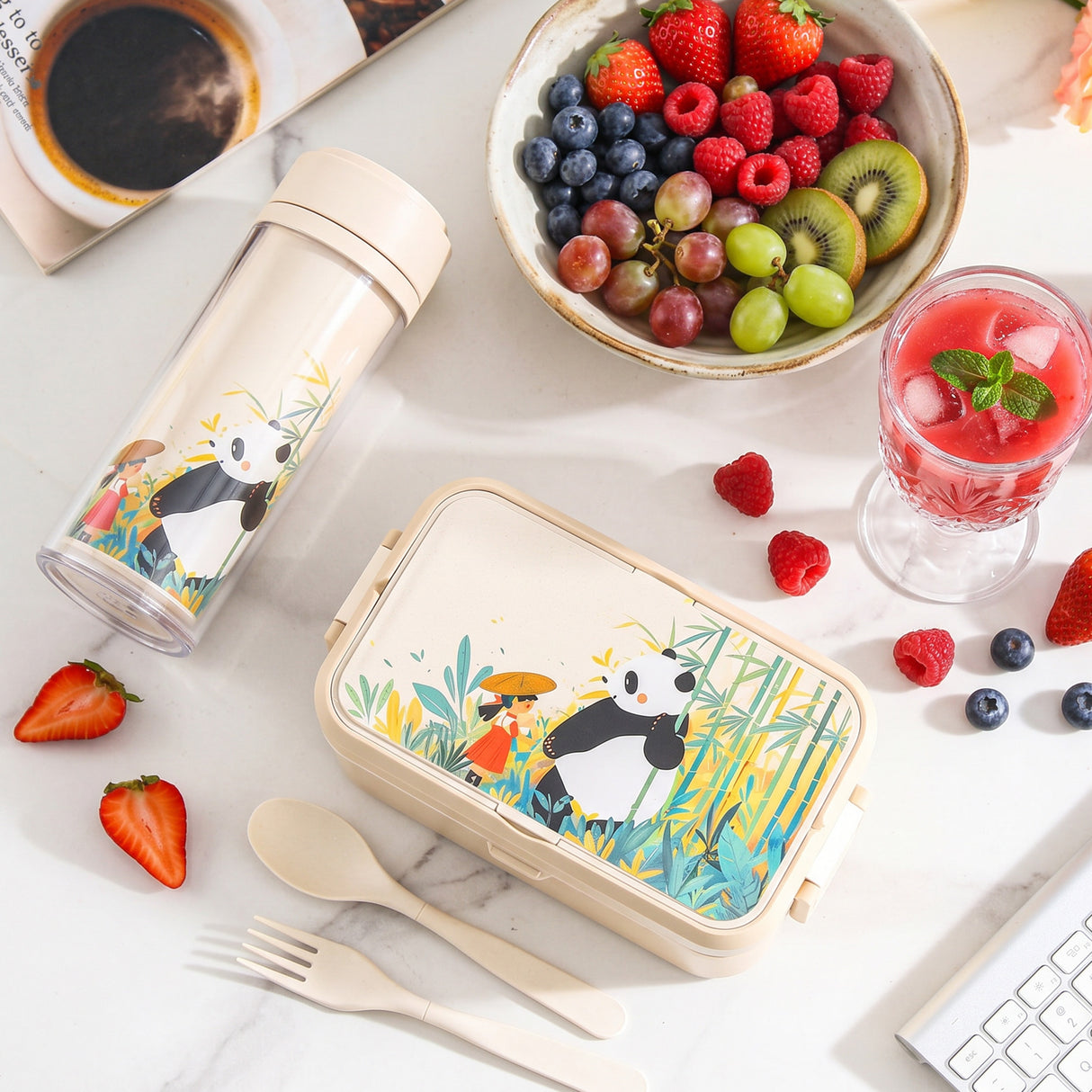 Bamboo Double Walled Flask 450ml | Insulated Flask | Panda Print
