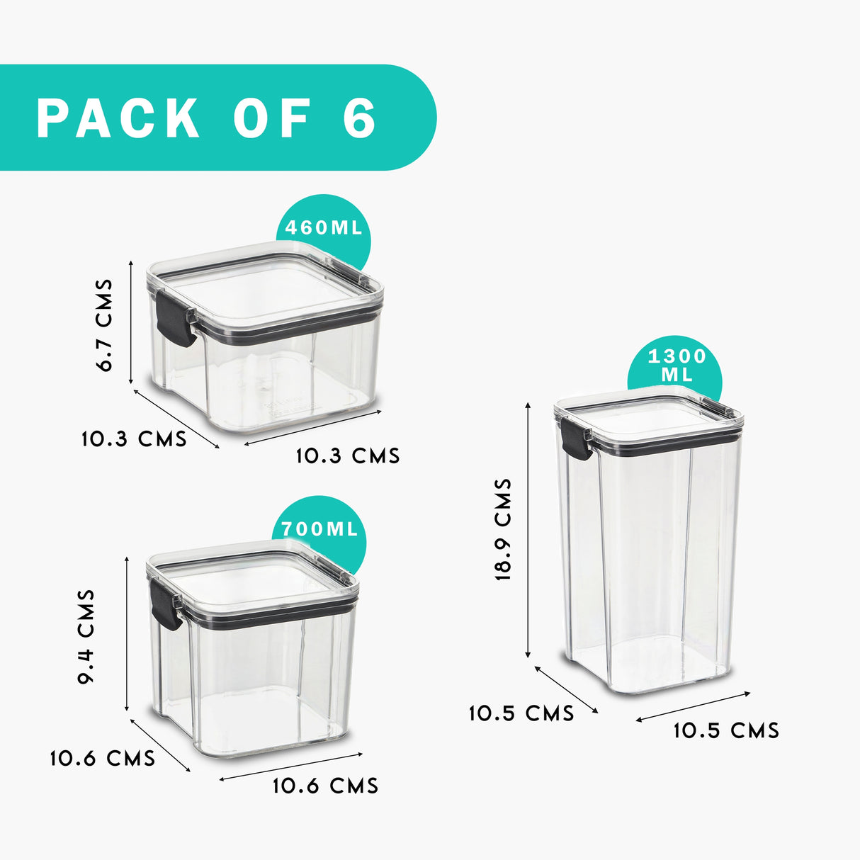 SoFresh FrameUp 6pcs Set (460ml x3, 700ml x2, 1300ml x1) | Airtight Clip-Lock Storage Jars
