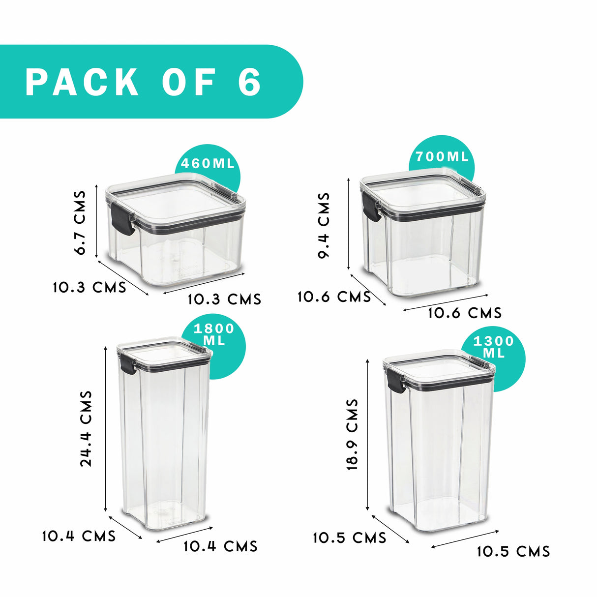 SoFresh FrameUp 6pcs Set (460ml x2, 700ml x2, 1300ml x1, 1800ml x1) | Airtight Clip-Lock Storage Jars
