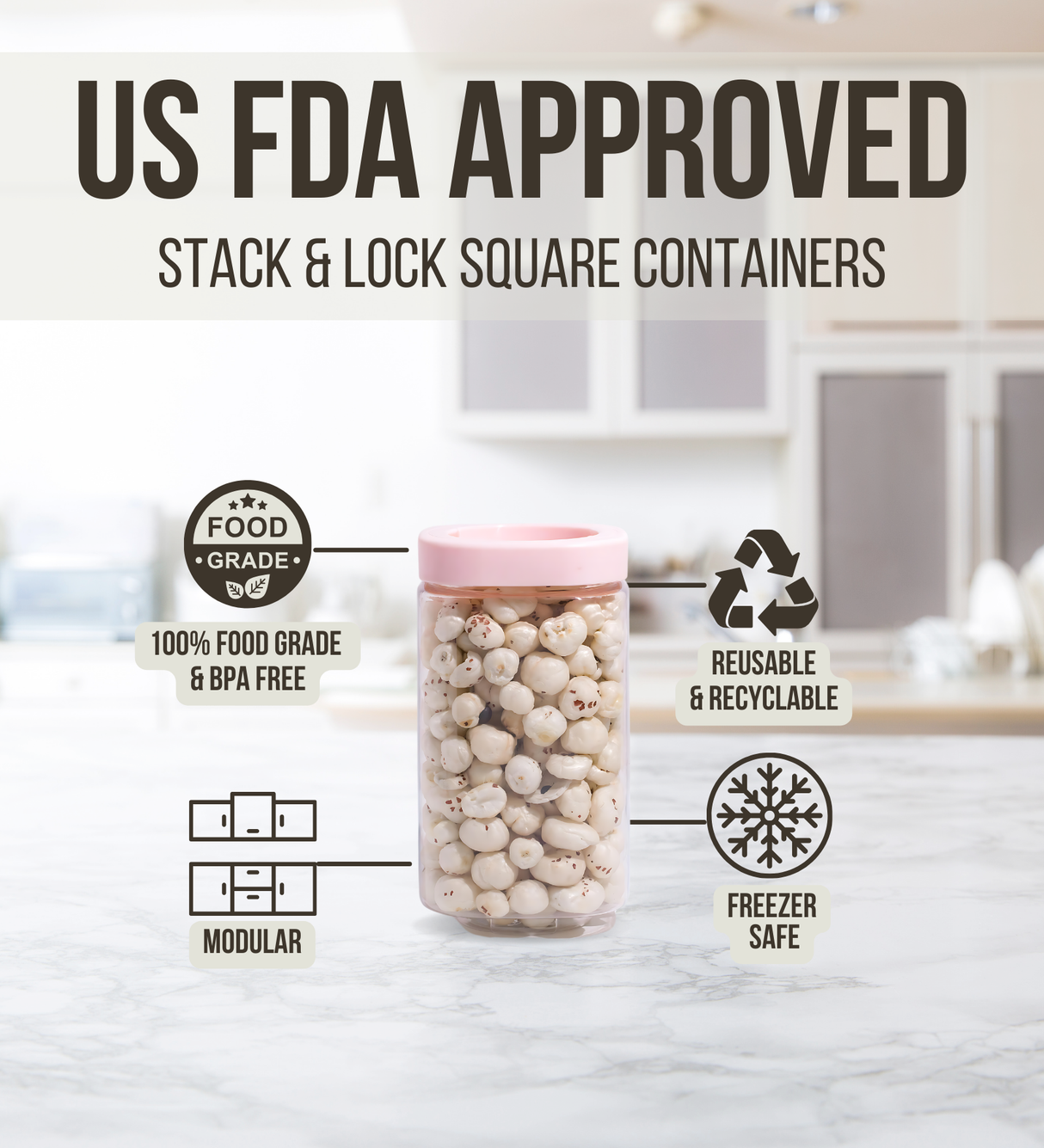 Stack & Lock Square Container 1000ml 4pcs Set | Stackable Storage Jars