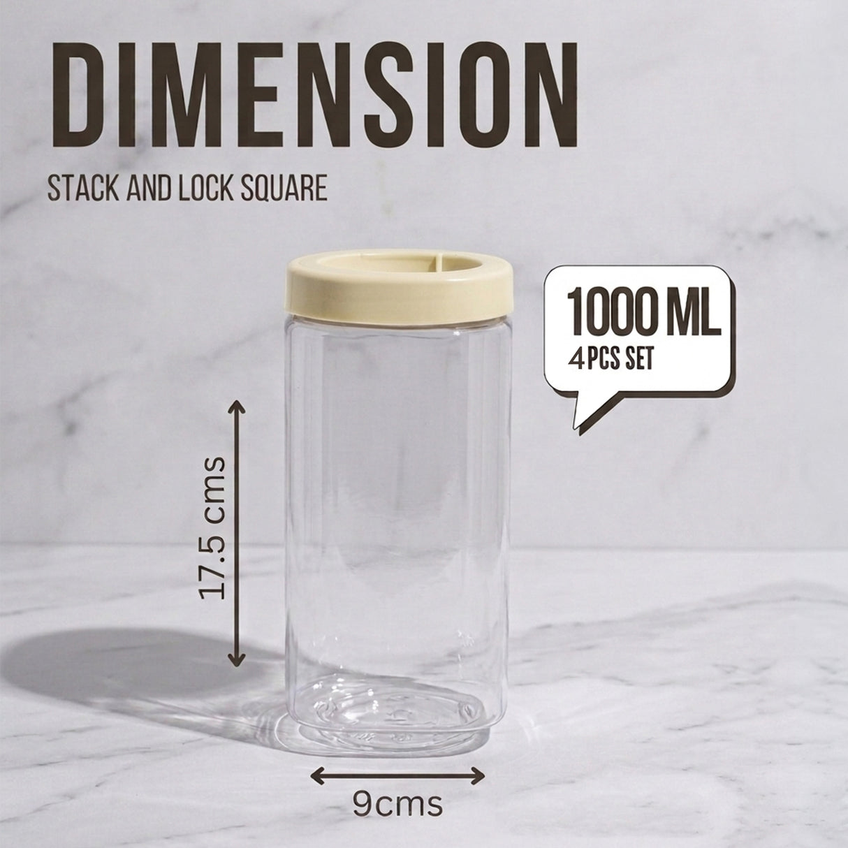 Stack & Lock Square Container 1000ml 4pcs Set | Stackable Storage Jars
