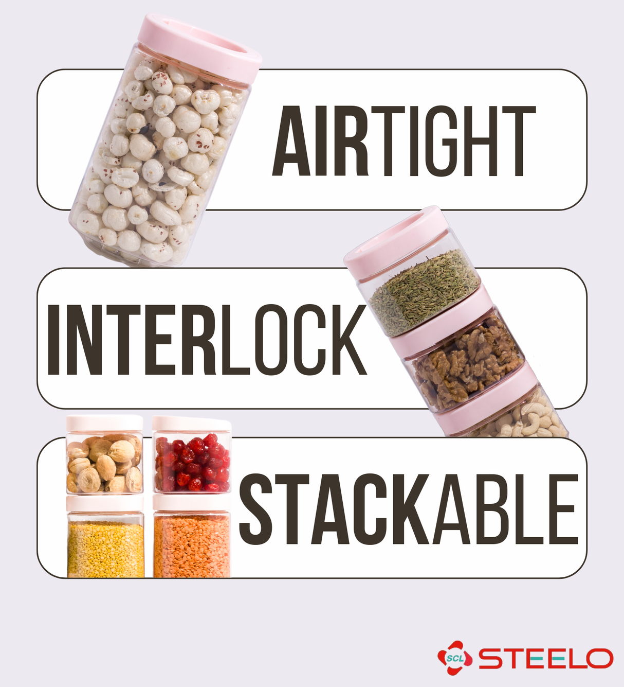 Stack & Lock Square Container 450ml 6pcs Set | Stackable Storage Jars