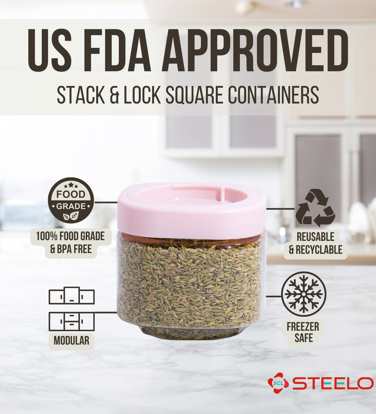 Stack & Lock Square Container 450ml 6pcs Set | Stackable Storage Jars