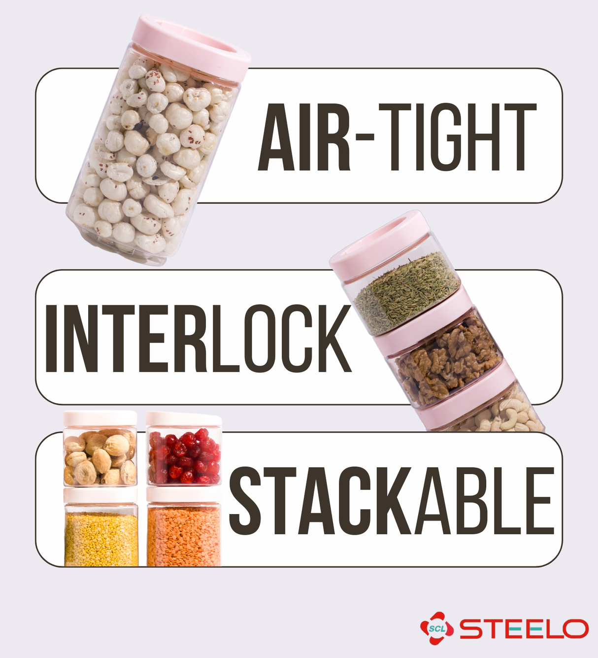 Stack & Lock Square Container 600ml 4pcs Set | Stackable Storage Jars