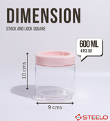 Stack & Lock Square Container 600ml 4pcs Set | Stackable Storage Jars