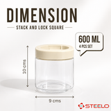 Stack & Lock Square Container 600ml 4pcs Set | Stackable Storage Jars