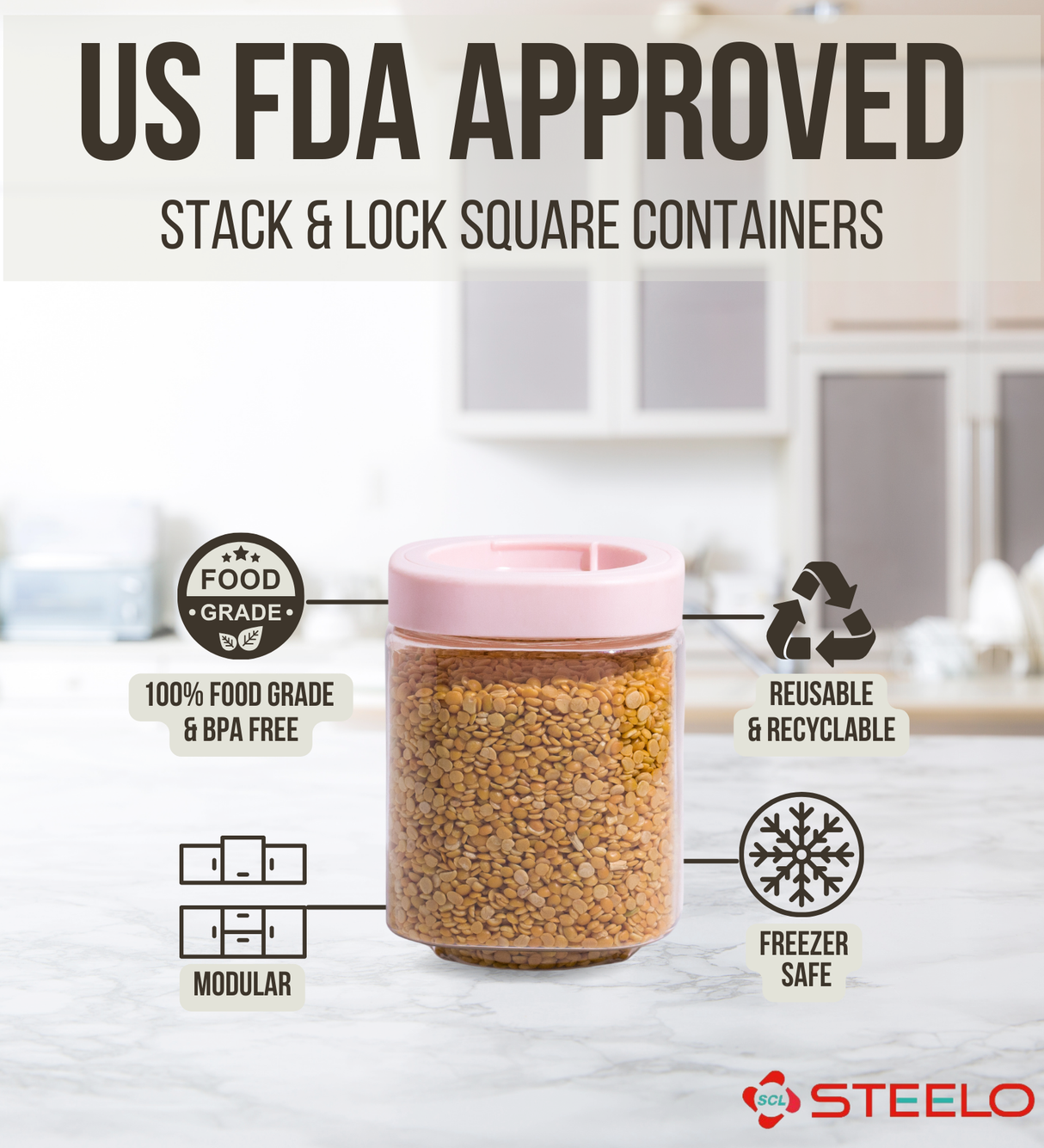 Stack & Lock Square Container 750ml 4pcs Set | Stackable Storage Jars