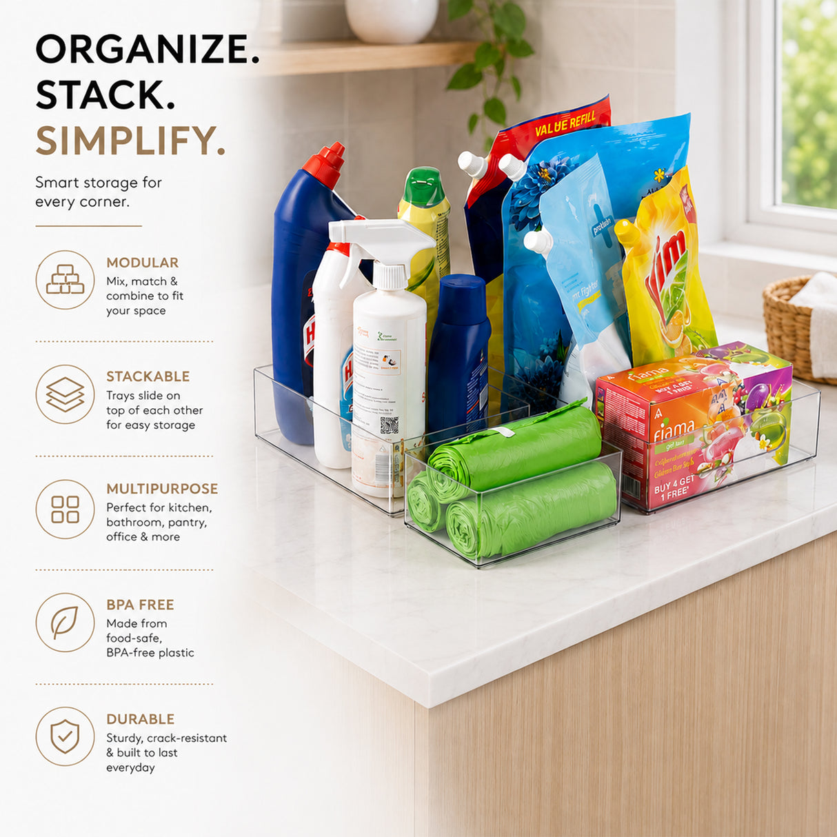 Rectangular Modular Tray 4pcs Set | Multipurpose Storage Trays