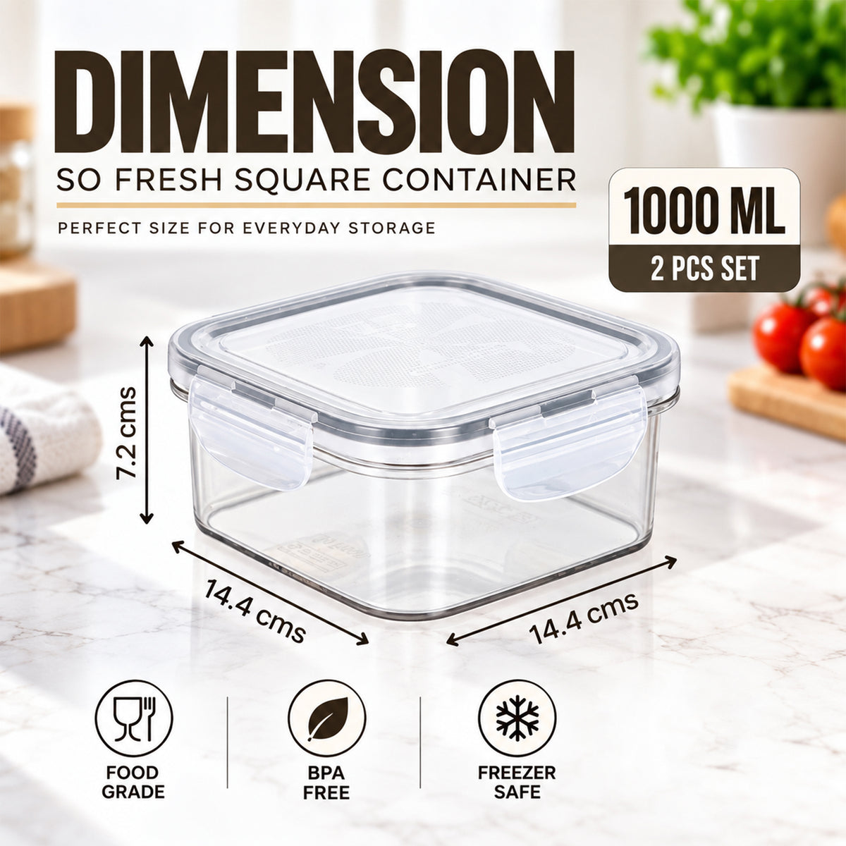 SoFresh Square Container 1000ml 2pcs Set | Airtight Food Containers