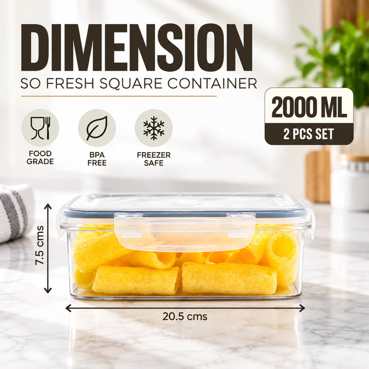 SoFresh Square Container 2000ml 2pcs Set | Airtight Food Containers