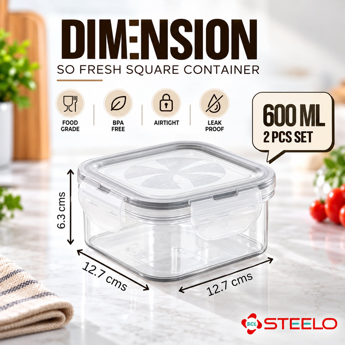 SoFresh Square Container 600ml 2pcs Set | Airtight Food Containers